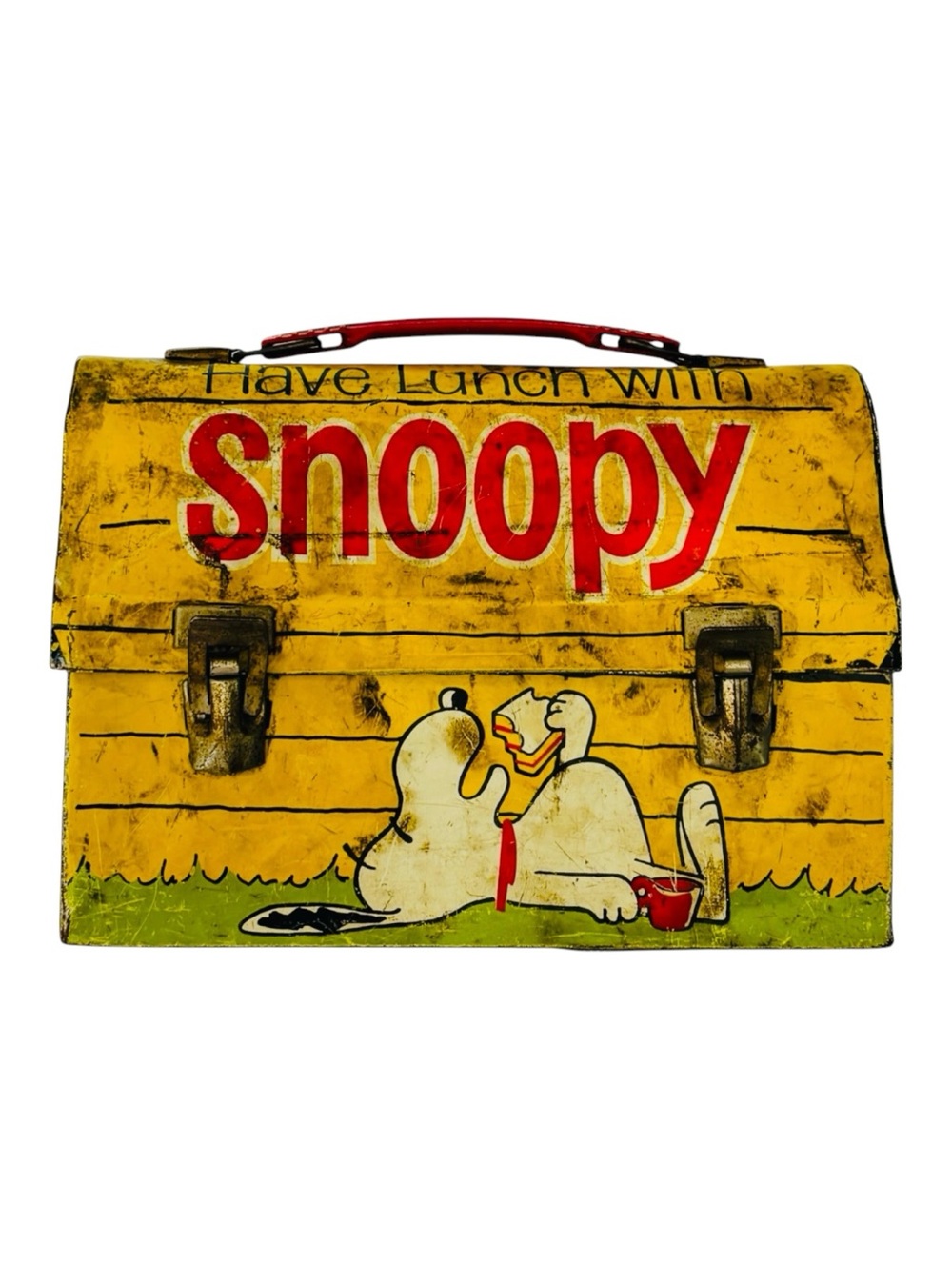 Snoopy Peanuts Lunchbox 1968 Thermos Dome Metal Yellow Red Handle No Bottle VTG